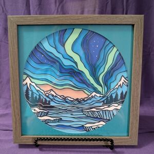 Aurora Mountain Landscape Wall Art - Blue & Teal Framed Print